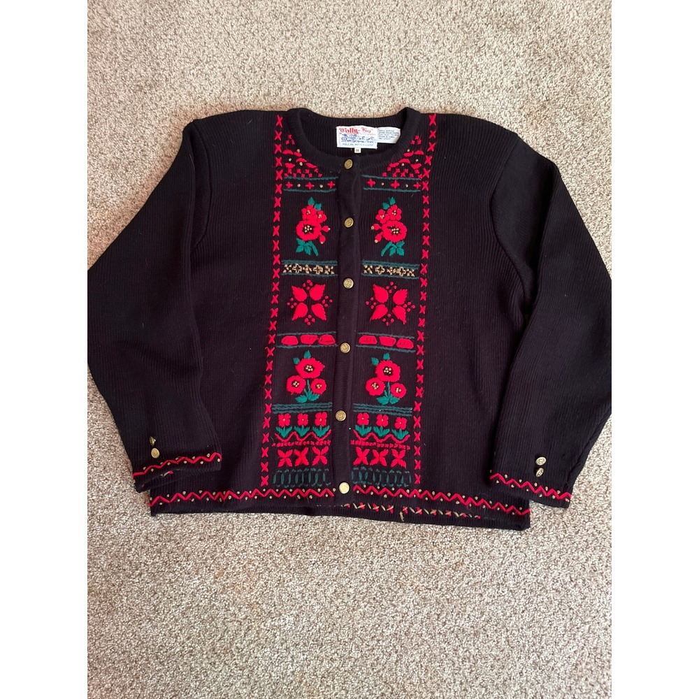 Tally-Ho Women Cardigan Sweater XL Black Embroidered Floral Button Front Vintage